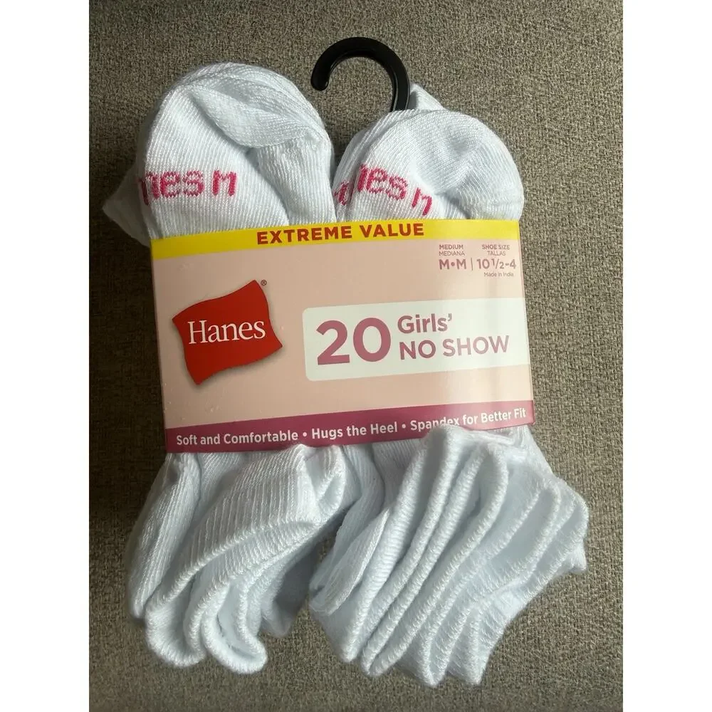 Hanes Girls 20 Pair White No Show Socks Size 10.5 To 4 Lightweight And Soft New